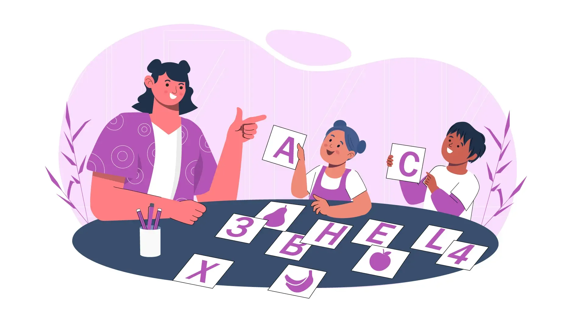 Vector Illustration of a Teacher and Children Holding Flashcards